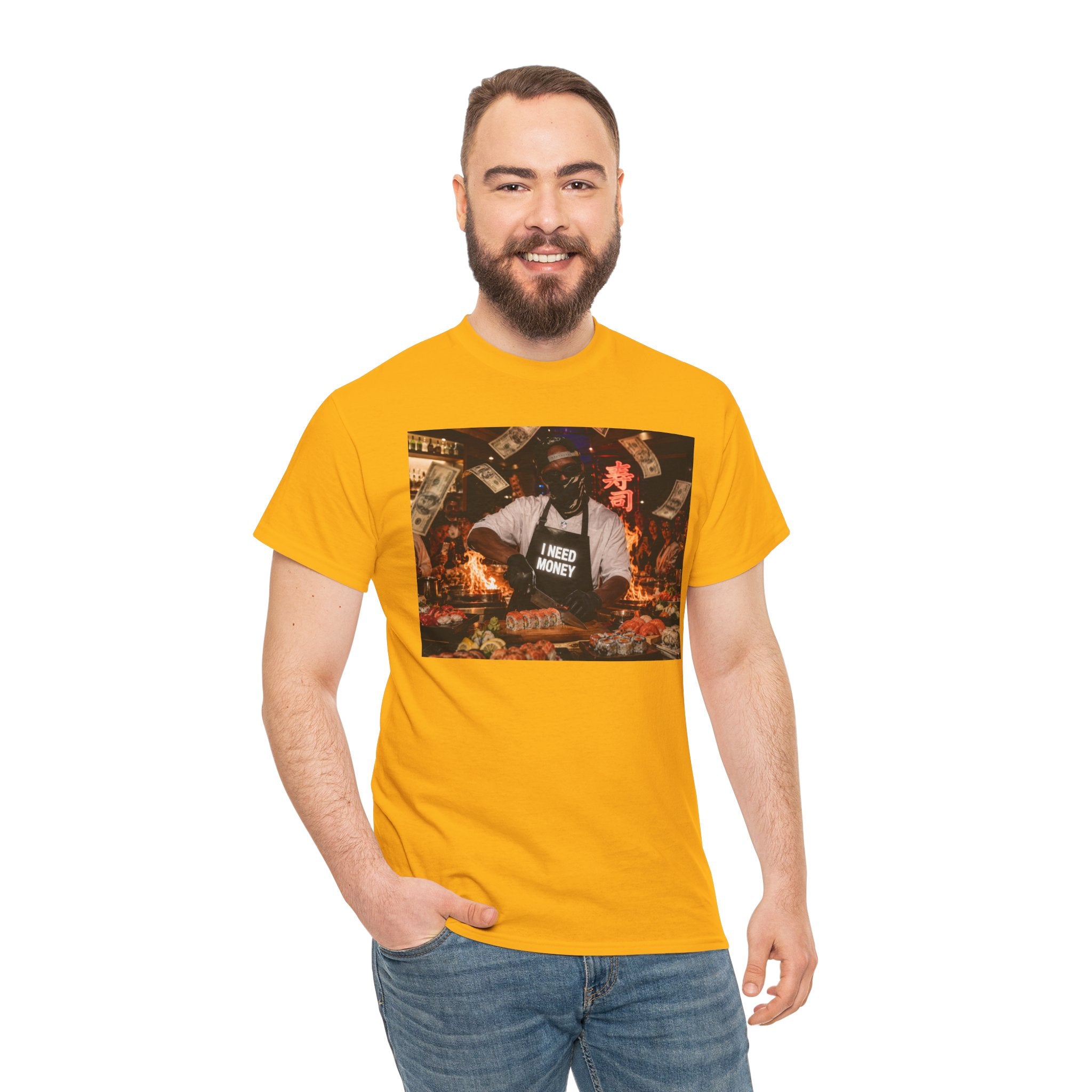 Graphic Tee — 'I Need Money' Chef Money Collage T-Shirt