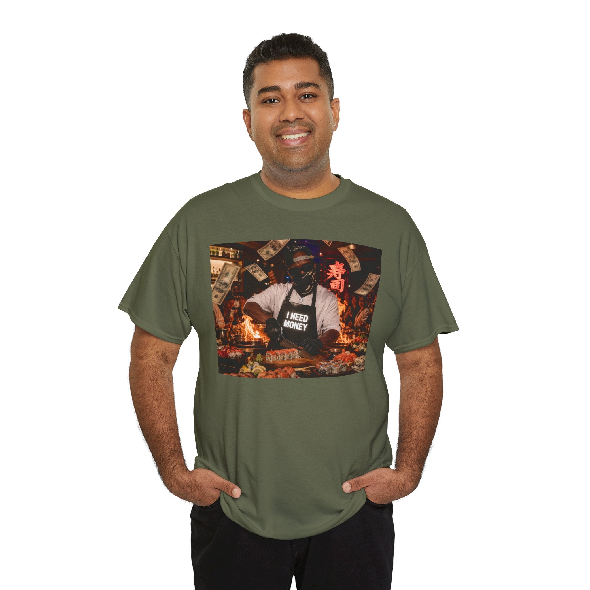 Graphic Tee — 'I Need Money' Chef Money Collage T-Shirt
